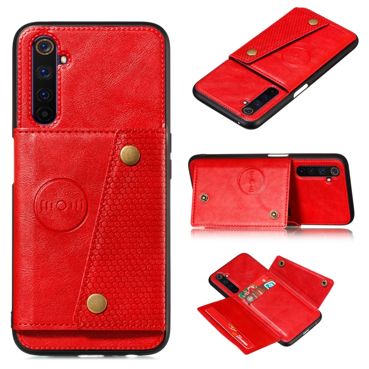 

For OPPO Realme 6 Pro PU + TPU Shockproof Magnetic Protective Case with Card Slots(Red)
