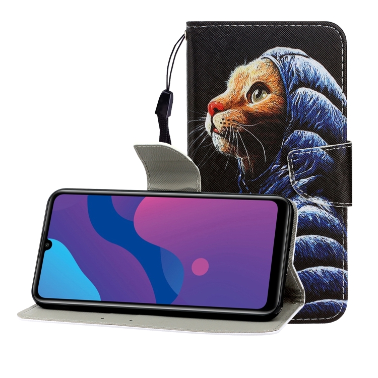 

For Huawei Honor 9A Colored Drawing Horizontal Flip Leather Case with Holder & Card Slot & Wallet(Down Jacket Cat)