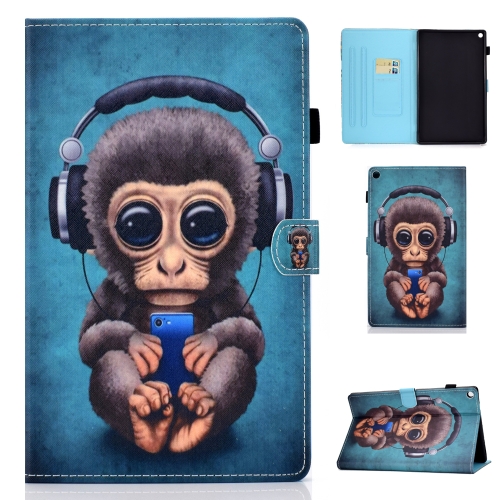 

For Kindle Fire HD10 Horizontal TPU Painted Flat Feather Case Anti-skid strip with Sleep Function & Pen Cover & Card Slot & Holder(Headphone Monkey)