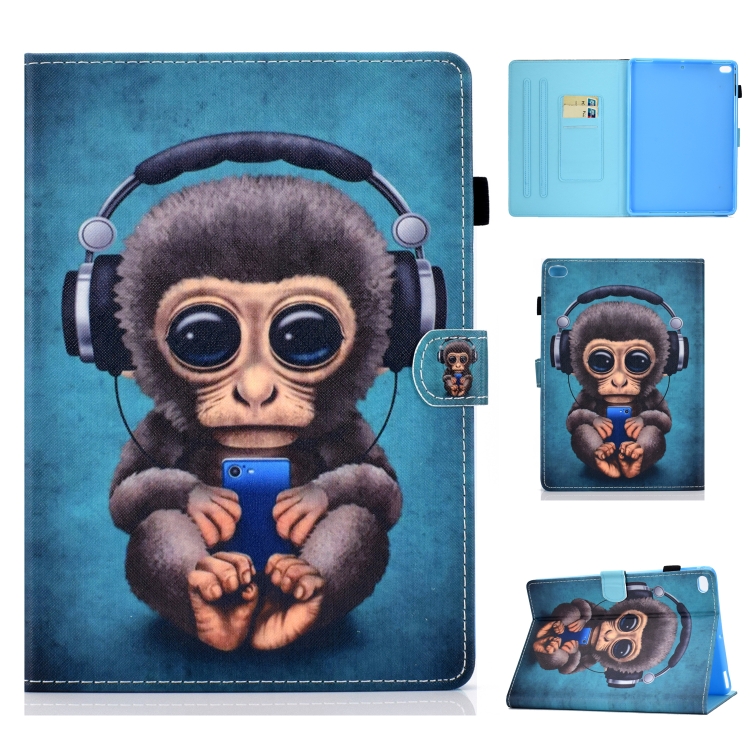 

For iPad 9.7 Horizontal TPU Painted Flat Feather Case Anti-skid strip with Sleep Function & Pen Cover & Card Slot & Holder(Headphone Monkey)