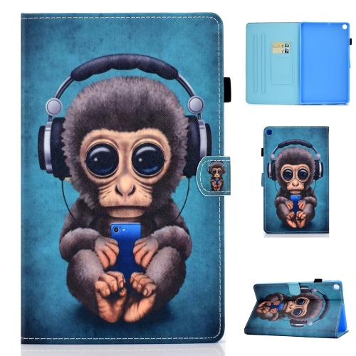 

For Galaxy Tab A10.1 T510 Horizontal TPU Painted Flat Feather Case Anti-skid strip with Pen Cover & Card Slot & Holder(Headphone Monkey)