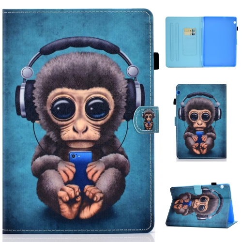 

For Huawei MediaPad T5 Horizontal TPU Painted Flat Feather Case Anti-skid strip with Pen Cover & Card Slot & Holder(Headphone Monkey)