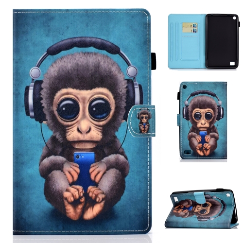 

For Kindle Fire HD7 Horizontal TPU Painted Flat Feather Case Anti-skid strip with Pen Cover & Card Slot & Holder(Headphone Monkey)