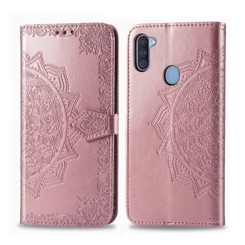 

For Galaxy A11 Embossed Mandala Pattern PC + TPU Horizontal Flip Leather Case with Holder & Card Slots(Rose Gold)