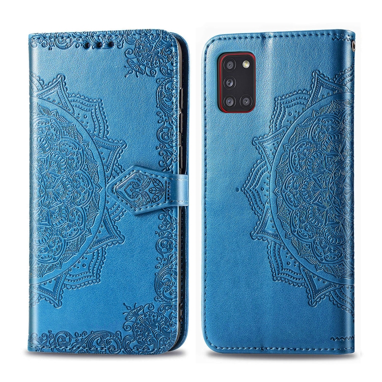

For Galaxy A31 Embossed Mandala Pattern PC + TPU Horizontal Flip Leather Case with Holder & Card Slots(Blue)