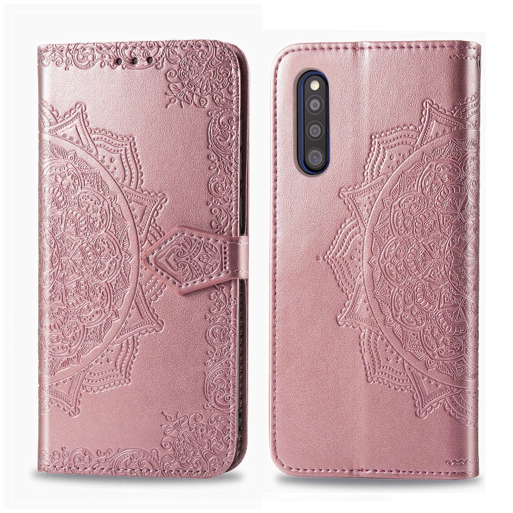 

For Galaxy A41 (Japanese Version) Embossed Mandala Pattern PC + TPU Horizontal Flip Leather Case with Holder & Card Slots(Rose Gold)