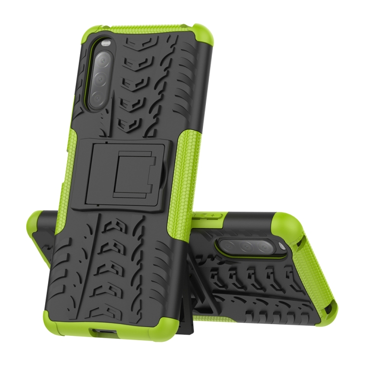 

For Sony Xperia 10 Ⅱ Tire Texture Shockproof TPU+PC Protective Case with Holder(Green)