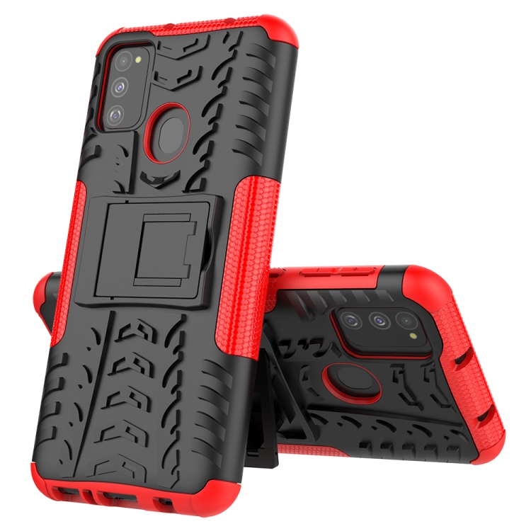 

For Galaxy M30s Tire Texture Shockproof TPU+PC Protective Case with Holder(Red)