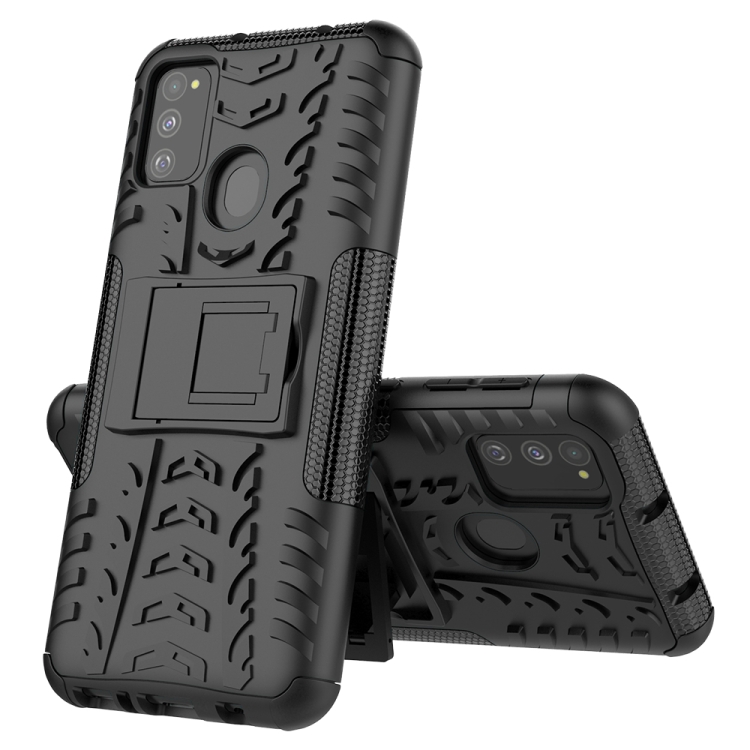 

For Galaxy M30s Tire Texture Shockproof TPU+PC Protective Case with Holder(Black)