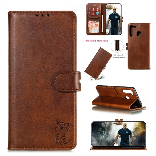 

For Galaxy A11 Embossed Happy Cat Pattern Horizontal Flip Leather Case with Holder & Card Slots & Wallet(Brown)