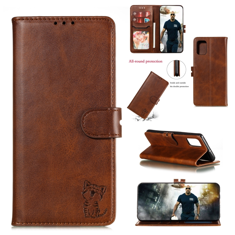

For Galaxy A41 Embossed Happy Cat Pattern Horizontal Flip Leather Case with Holder & Card Slots & Wallet(Brown)
