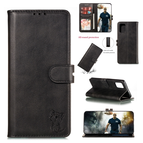 

For Galaxy A51 Embossed Happy Cat Pattern Horizontal Flip Leather Case with Holder & Card Slots & Wallet(Black)