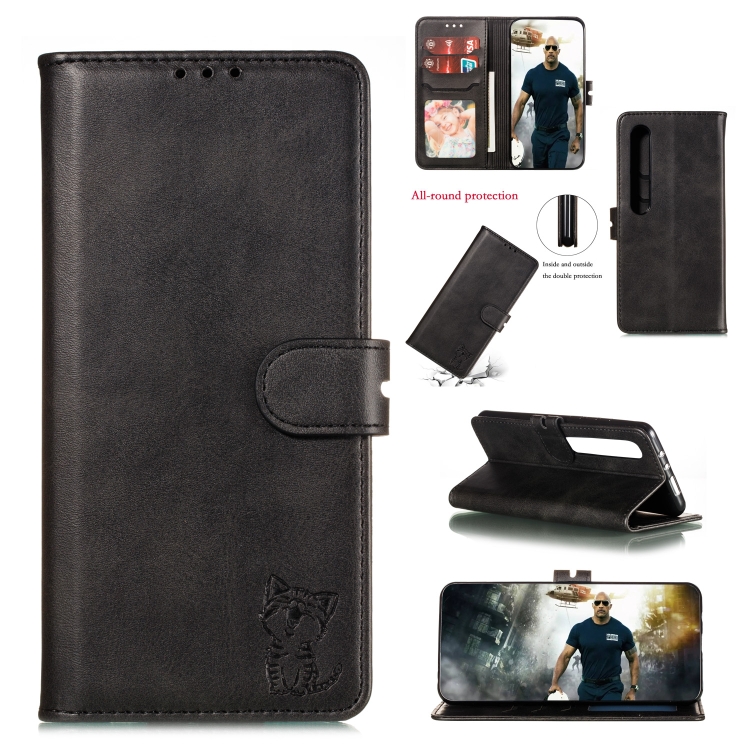 

For Xiaomi MI 10 Pro Embossed Happy Cat Pattern Horizontal Flip Leather Case with Holder & Card Slots & Wallet(Black)
