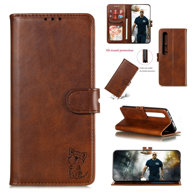 

For Xiaomi MI 10 Pro Embossed Happy Cat Pattern Horizontal Flip Leather Case with Holder & Card Slots & Wallet(Brown)