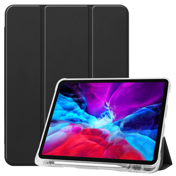 

For iPad Pro 12.9 inch (2020) Three-folding Horizontal Flip PU Leather + Clear TPU Back Cover Case with Sleep / Wake-up Function & Holder & Pen Slot(Black)