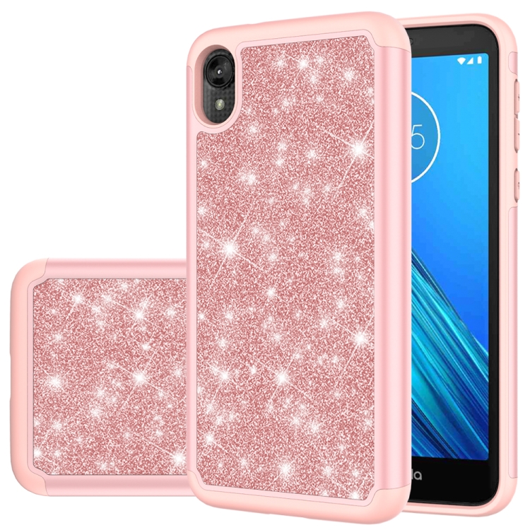 

For Motorola Moto E6 Glitter Powder Contrast Skin Shockproof Silicone + PC Protective Case(Rose Gold)