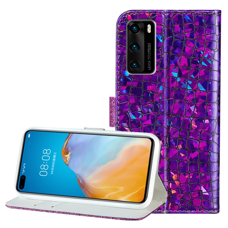 

For Huawei P40 Laser Glitter Stitching Crocodile Texture Horizontal Flip Leather Case with Slots & Bracket(Purple)