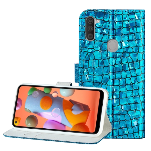 

For Galaxy A11 Laser Glitter Stitching Crocodile Texture Horizontal Flip Leather Case with Slots & Bracket(Blue)