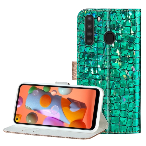 

For Galaxy A21 Laser Glitter Stitching Crocodile Texture Horizontal Flip Leather Case with Slots & Bracket(Green)