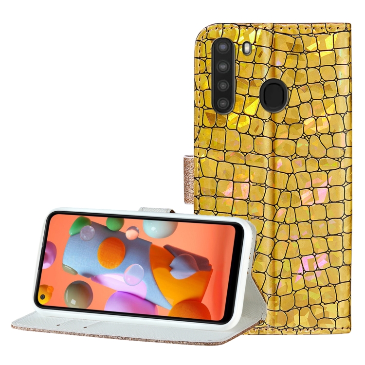 

For Galaxy A21 Laser Glitter Stitching Crocodile Texture Horizontal Flip Leather Case with Slots & Bracket(Gold)