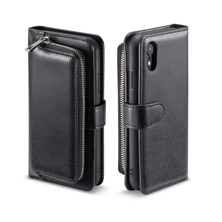 

For iPhone XR Plain Texture Zipper Horizontal Flip Leather Case with Card Slots & Wallet Function(Black)