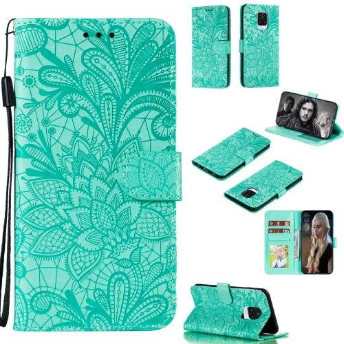 

For Xiaomi Redmi Note 9S Lace Flower Embossing Pattern Horizontal Flip Leather Case , with Holder & Card Slots & Wallet & Photo Frame & Lanyard(Green)