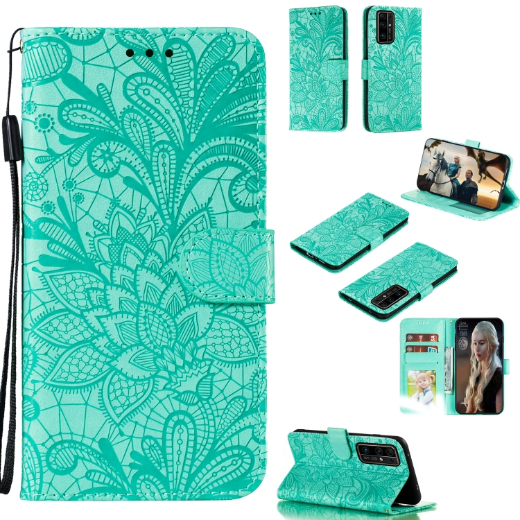 

For Huawei Honor 30 Lace Flower Embossing Pattern Horizontal Flip Leather Case , with Holder & Card Slots & Wallet & Photo Frame & Lanyard(Green)