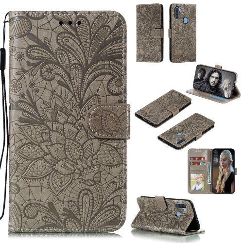 

For Galaxy A11 Lace Flower Embossing Pattern Horizontal Flip Leather Case , with Holder & Card Slots & Wallet & Photo Frame & Lanyard(Grey)