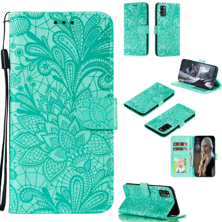 

For Galaxy A41 Lace Flower Embossing Pattern Horizontal Flip Leather Case , with Holder & Card Slots & Wallet & Photo Frame & Lanyard(Green)