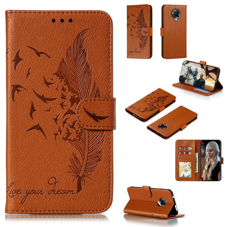 

For Xiaomi Redmi K30 Pro Litchi Texture Feather Embossing Pattern Horizontal Flip Leather Case with Holder & Card Slots & Wallet & Photo Frame & Lanyard(Brown)
