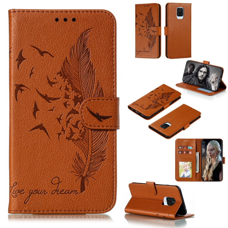 

For Xiaomi Redmi Note 9S Litchi Texture Feather Embossing Pattern Horizontal Flip Leather Case with Holder & Card Slots & Wallet & Photo Frame & Lanyard(Brown)