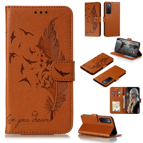 

For Huawei Nova 7 Litchi Texture Feather Embossing Pattern Horizontal Flip Leather Case with Holder & Card Slots & Wallet & Photo Frame & Lanyard(Brown)