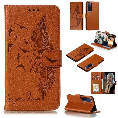 

For Huawei Nova 7 Pro Litchi Texture Feather Embossing Pattern Horizontal Flip Leather Case with Holder & Card Slots & Wallet & Photo Frame & Lanyard(Brown)