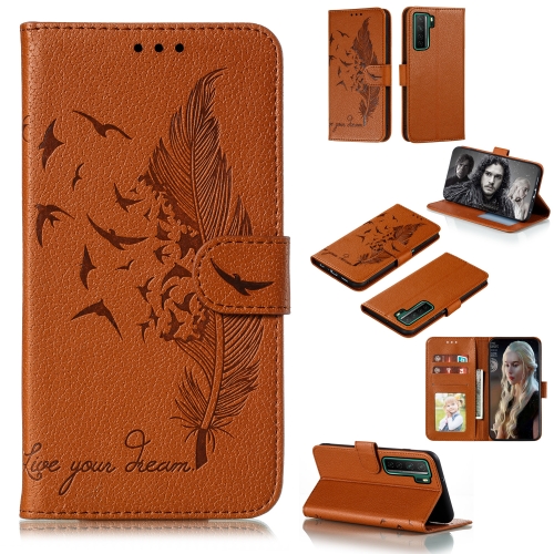 

For Huawei Nova 7 SE Litchi Texture Feather Embossing Pattern Horizontal Flip Leather Case with Holder & Card Slots & Wallet & Photo Frame & Lanyard(Brown)