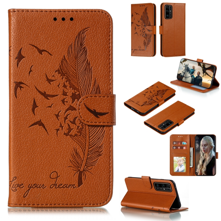 

For Huawei Honor 30 Litchi Texture Feather Embossing Pattern Horizontal Flip Leather Case with Holder & Card Slots & Wallet & Photo Frame & Lanyard(Brown)