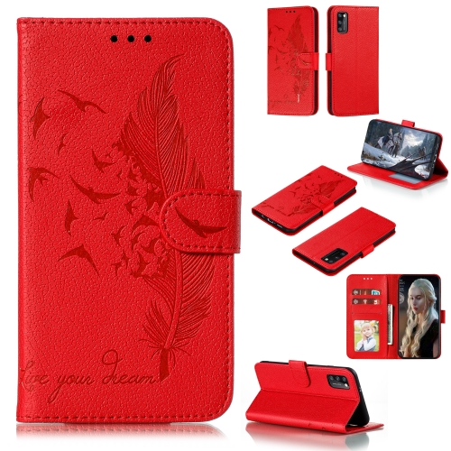 

For Galaxy A41 Litchi Texture Feather Embossing Pattern Horizontal Flip Leather Case with Holder & Card Slots & Wallet & Photo Frame & Lanyard(Red)