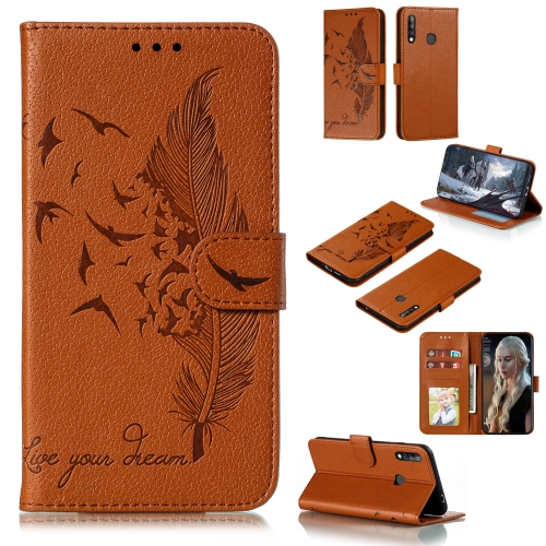 

For Galaxy A70e Litchi Texture Feather Embossing Pattern Horizontal Flip Leather Case with Holder & Card Slots & Wallet & Photo Frame & Lanyard(Brown)