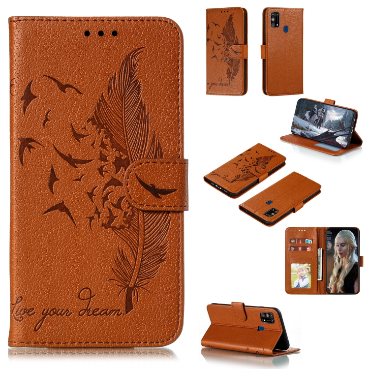 

For Galaxy M31 Litchi Texture Feather Embossing Pattern Horizontal Flip Leather Case with Holder & Card Slots & Wallet & Photo Frame & Lanyard(Brown)