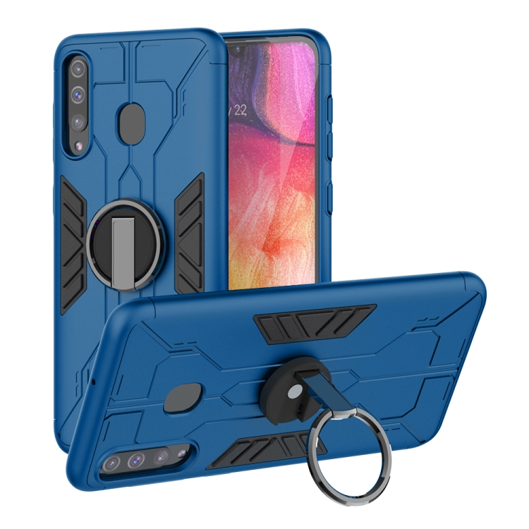 

For Galaxy A20 / A30 / A50 Tank Three-stage Splicing Shockproof TPU + PC + Metal Case with Ring Holder(Blue)