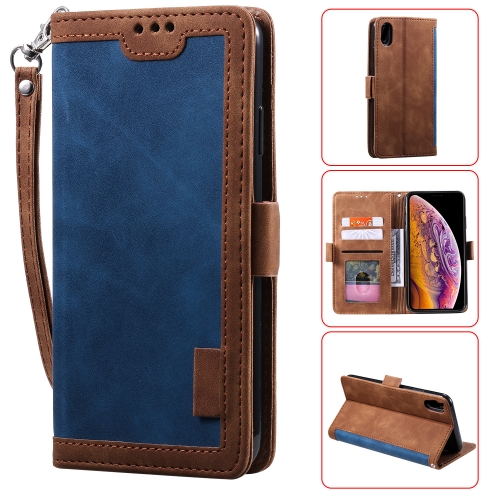 

For iPhone XR Retro Splicing Horizontal Flip Leather Case with Card Slots & Holder & Wallet(Blue)