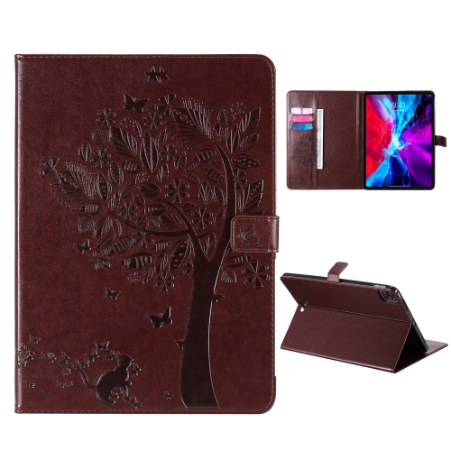 

For iPad Pro 12.9 (2020) Pressed Printing Cat and Tree Pattern Horizontal Flip Leather Case with Holder & Card Slots & Wallet(Coffee)