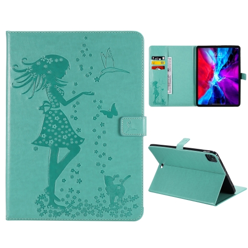 

For iPad Pro 12.9 (2020) Pressed Printing Woman and Cat Pattern Horizontal Flip Leather Case with Holder & Card Slots & Wallet(Green)