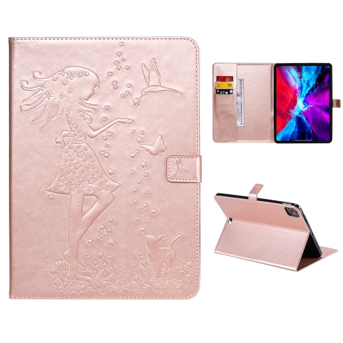 

For iPad Pro 11 (2020) Pressed Printing Woman and Cat Pattern Horizontal Flip Leather Case with Holder & Card Slots & Wallet(Rose Gold)