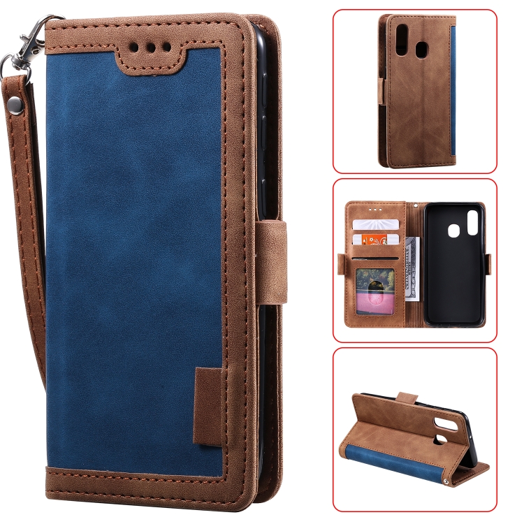 

For Galaxy A20e Retro Splicing Horizontal Flip Leather Case with Card Slots & Holder & Wallet(Blue)