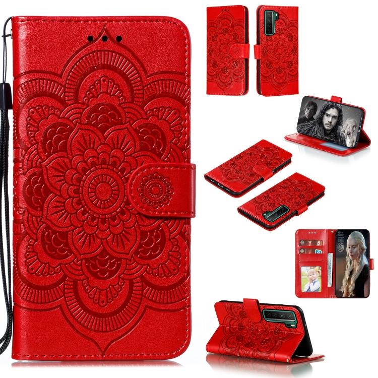 

For Huawei nova 7 SE Mandala Embossing Pattern Horizontal Flip PU Leather Case with Holder & Card Slots & Walle & Lanyard(Red)