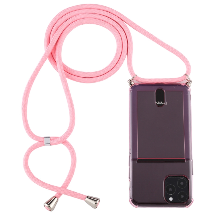 

For iPhone 11 Pro Transparent TPU Protective Case with Lanyard & Card Slot(Pink)