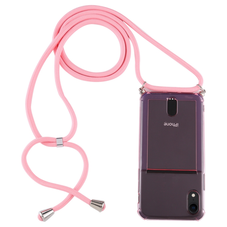 

For iPhone XR Transparent TPU Protective Case with Lanyard & Card Slot(Pink)