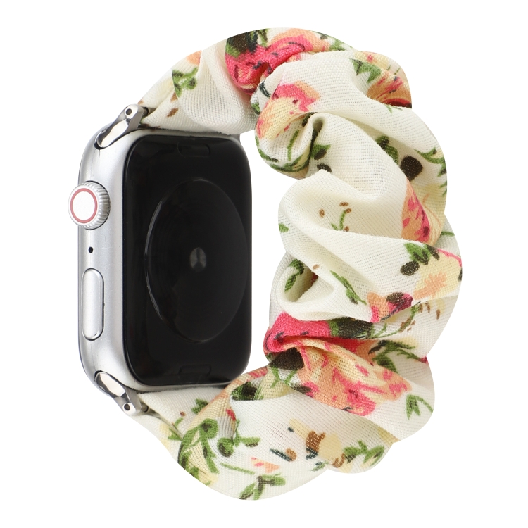 

For Apple Watch Series 6 & SE & 5 & 4 44mm / 3 & 2 & 1 42mm Cloth + Stainless Steel Hair Ring Watchband(Flowers)
