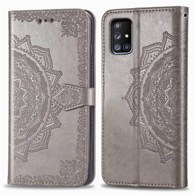 

For Galaxy A71 5G Halfway Mandala Embossing Pattern Horizontal Flip PU Leather Case with Card Slots & Holder & Wallet(Grey)