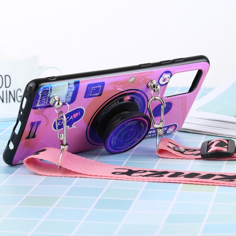 

For Galaxy A71 Laser Shockproof Camera Pattern Case with Disc Holder & Lanyard(Pink)